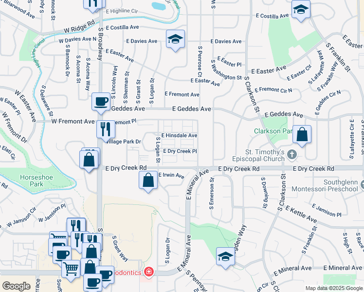 map of restaurants, bars, coffee shops, grocery stores, and more near 688 East Hinsdale Avenue in Littleton