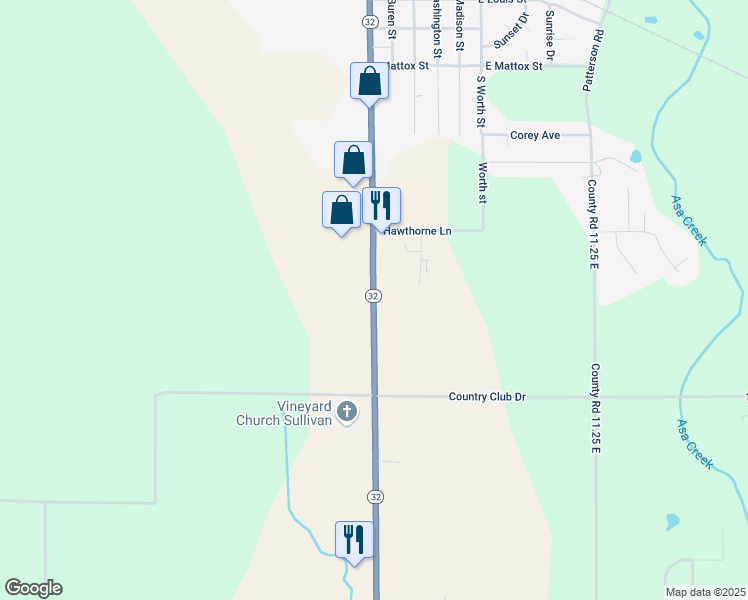 map of restaurants, bars, coffee shops, grocery stores, and more near Illinois 32 in Sullivan
