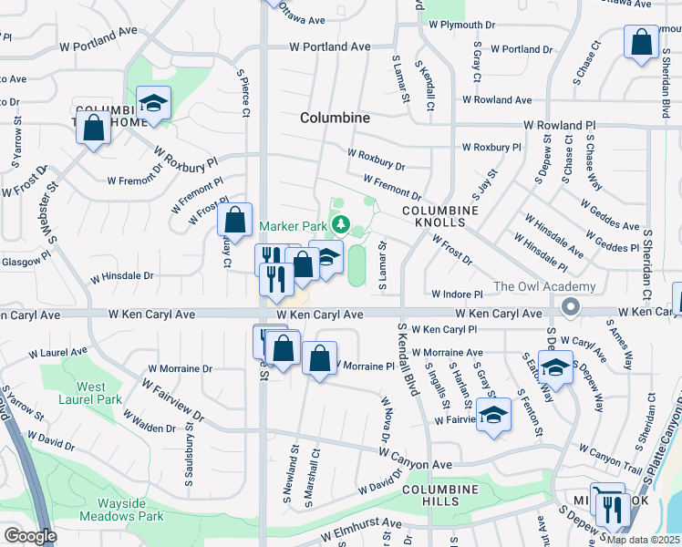 map of restaurants, bars, coffee shops, grocery stores, and more near 6509 West Ken Caryl Avenue in Littleton