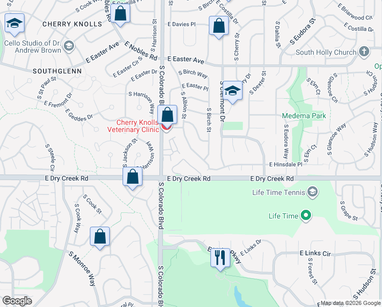 map of restaurants, bars, coffee shops, grocery stores, and more near 7437 South Albion Street in Centennial