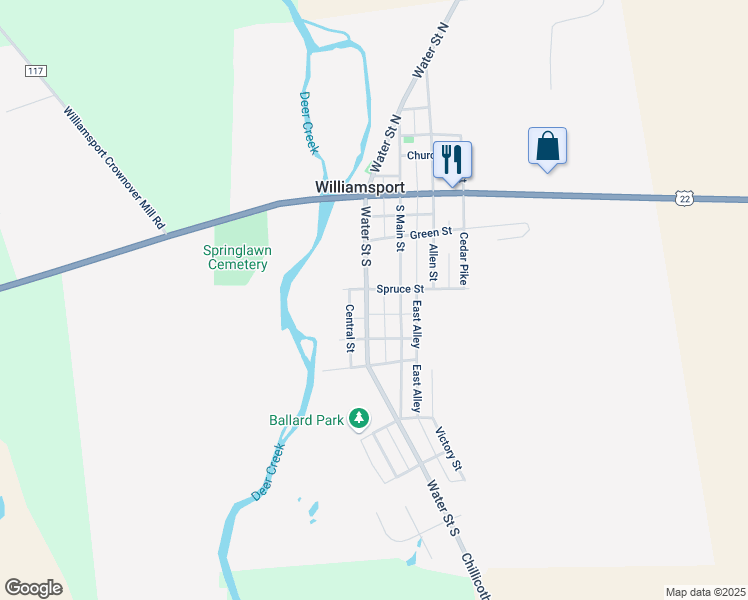 map of restaurants, bars, coffee shops, grocery stores, and more near 304 Water Street South in Williamsport