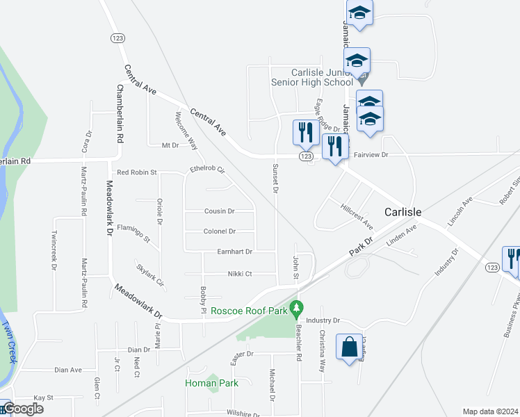 map of restaurants, bars, coffee shops, grocery stores, and more near 400 Ethelrob Circle in Carlisle
