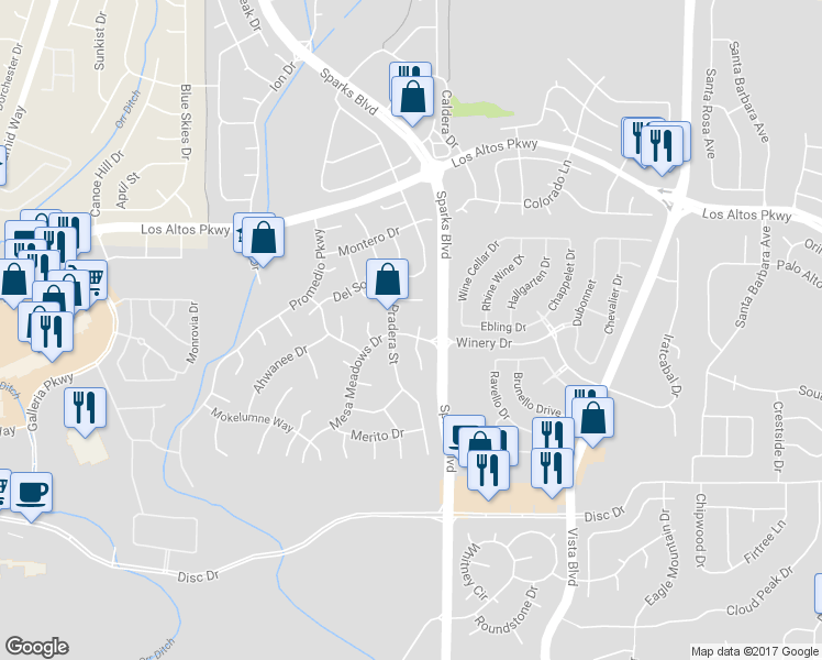 map of restaurants, bars, coffee shops, grocery stores, and more near 4911 Mesa Meadows Court in Sparks