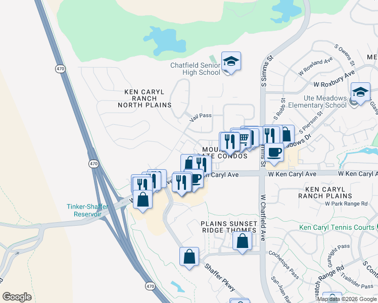 map of restaurants, bars, coffee shops, grocery stores, and more near 7409 South Alkire Street in Littleton