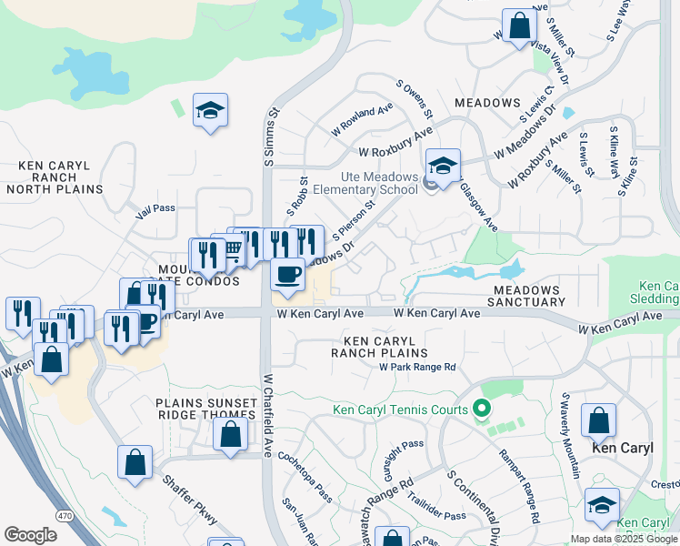 map of restaurants, bars, coffee shops, grocery stores, and more near 7483 South Quail Circle in Littleton