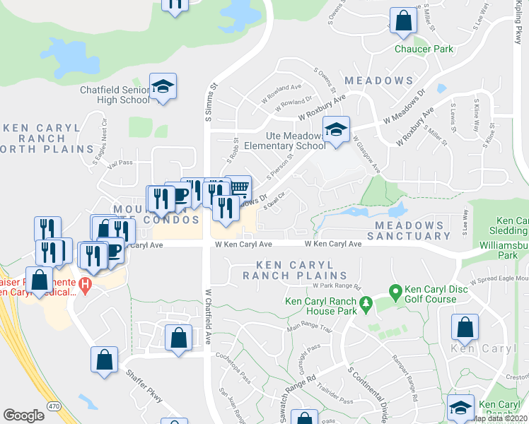 map of restaurants, bars, coffee shops, grocery stores, and more near 7473 South Quail Circle in Littleton