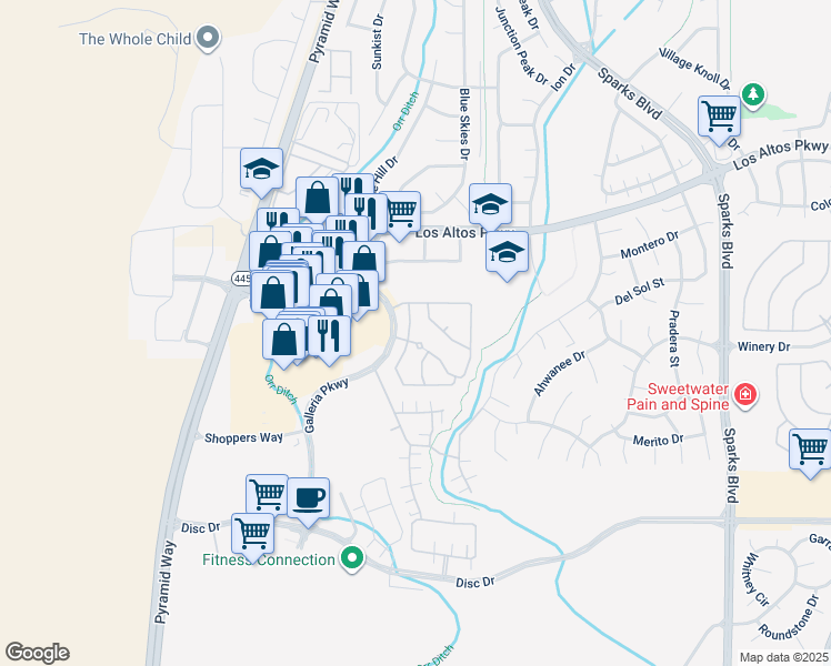 map of restaurants, bars, coffee shops, grocery stores, and more near 4955 Monrovia Drive in Sparks