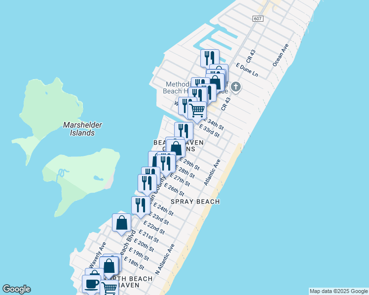 map of restaurants, bars, coffee shops, grocery stores, and more near 1 East 30th Street in Barnegat Light