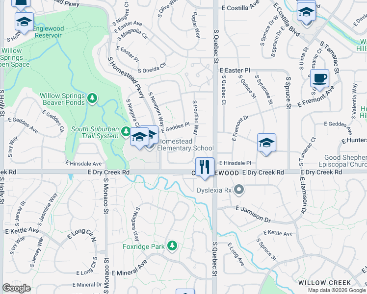 map of restaurants, bars, coffee shops, grocery stores, and more near 7121 East Hinsdale Place in Centennial