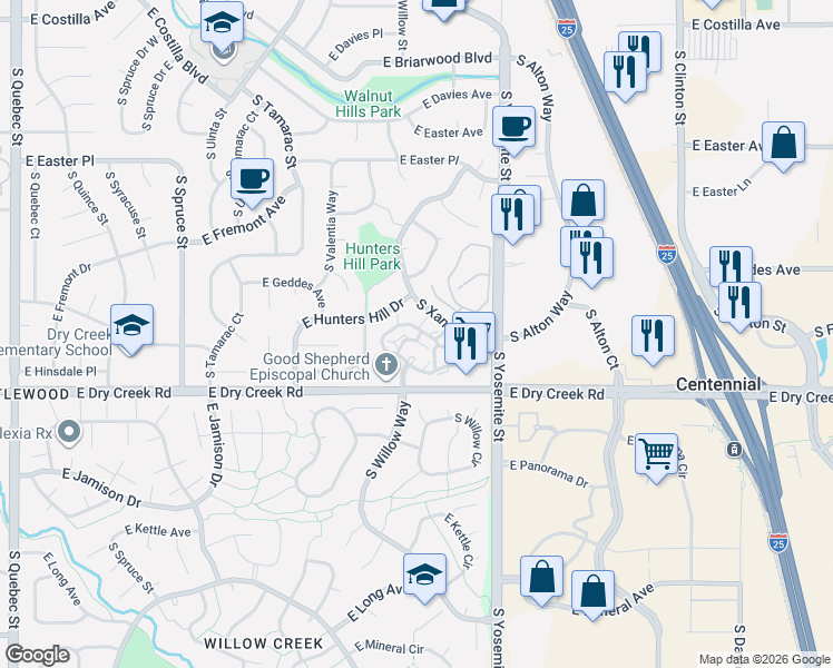map of restaurants, bars, coffee shops, grocery stores, and more near 8623 East Dry Creek Road in Centennial