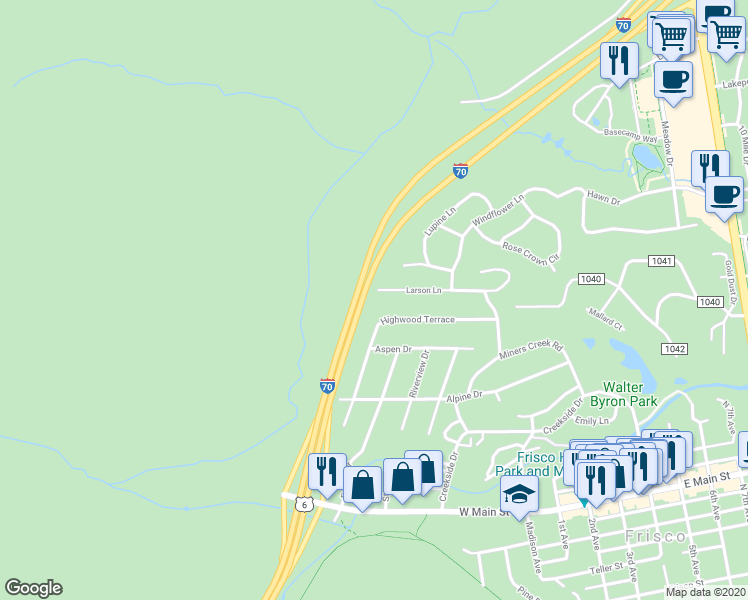 map of restaurants, bars, coffee shops, grocery stores, and more near 252 Larson Lane in Frisco