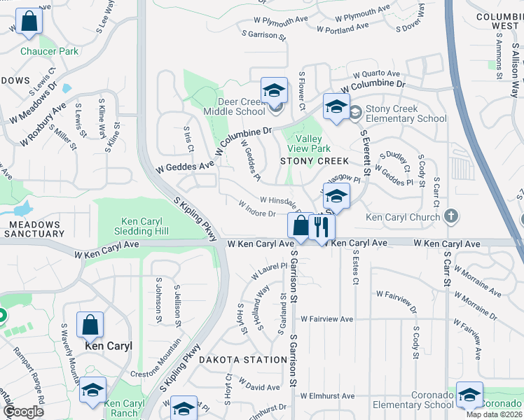 map of restaurants, bars, coffee shops, grocery stores, and more near 9390 West Indore Drive in Littleton