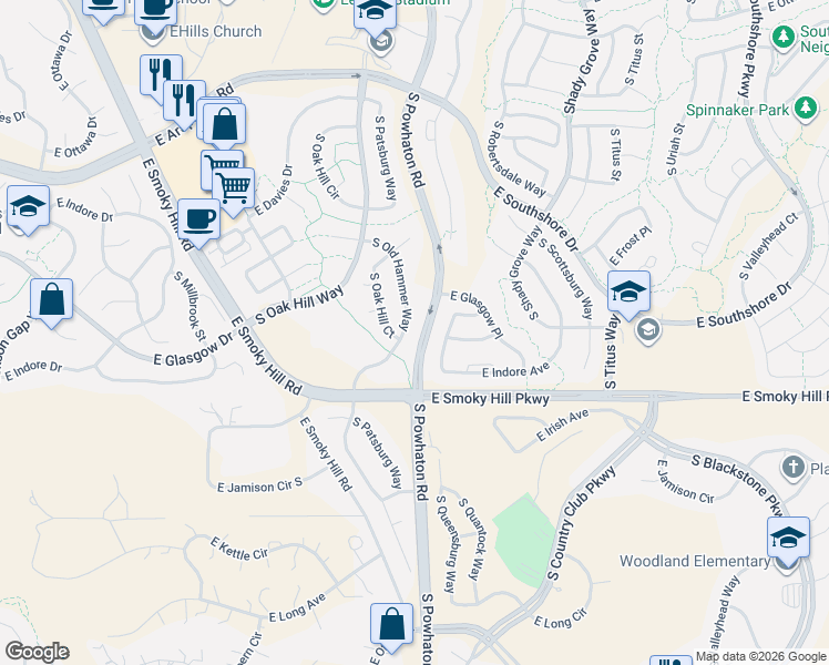 map of restaurants, bars, coffee shops, grocery stores, and more near 7423 South Queensburg Street in Aurora