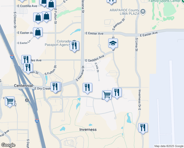 map of restaurants, bars, coffee shops, grocery stores, and more near 145 Inverness Dr E in Englewood