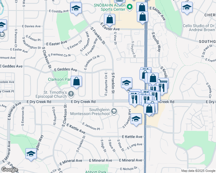 map of restaurants, bars, coffee shops, grocery stores, and more near 7425 South Franklin Street in Centennial