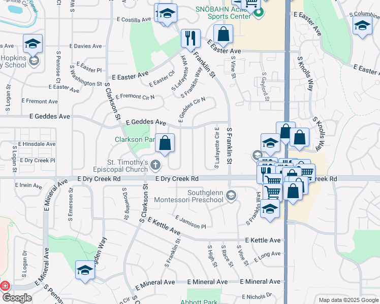 map of restaurants, bars, coffee shops, grocery stores, and more near 7433 South Marion Street in Centennial