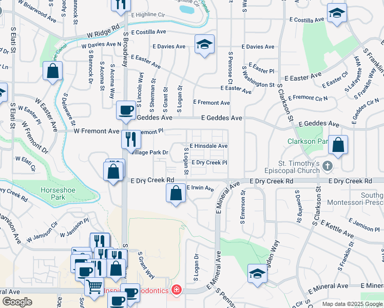 map of restaurants, bars, coffee shops, grocery stores, and more near 7440 South Logan Drive in Centennial