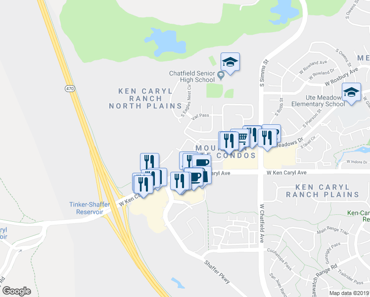 map of restaurants, bars, coffee shops, grocery stores, and more near 7409 South Alkire Street in Littleton