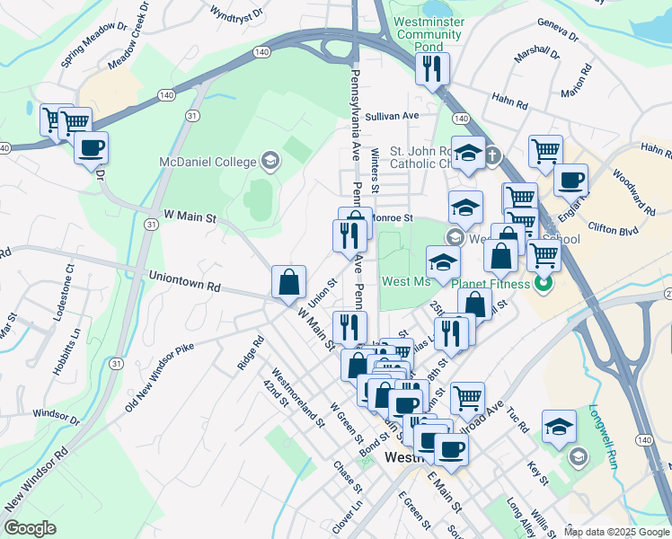 map of restaurants, bars, coffee shops, grocery stores, and more near 41 Union Street in Westminster