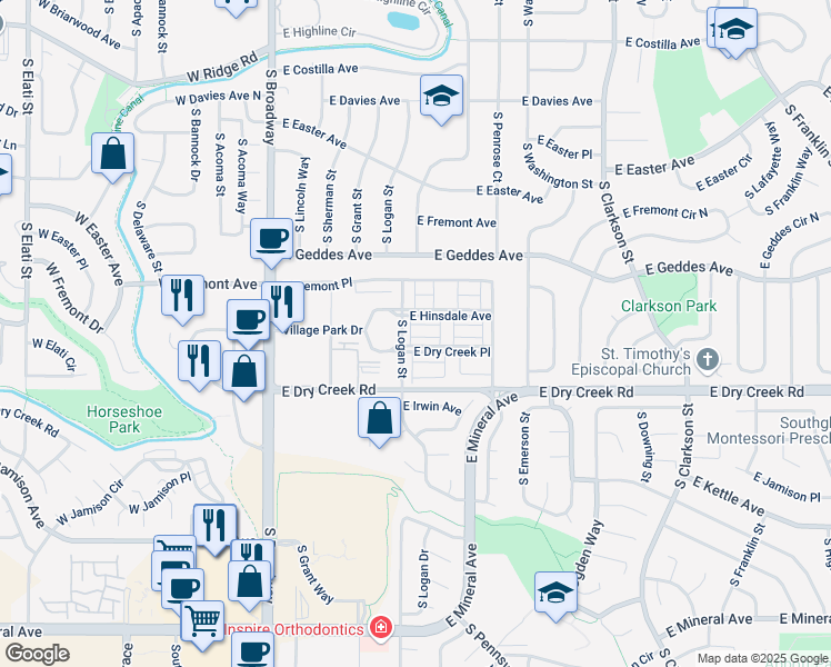 map of restaurants, bars, coffee shops, grocery stores, and more near 7440 South Logan Drive in Centennial