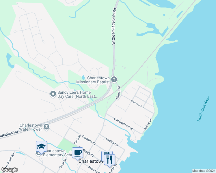 map of restaurants, bars, coffee shops, grocery stores, and more near 1185 West Old Philadelphia Road in North East