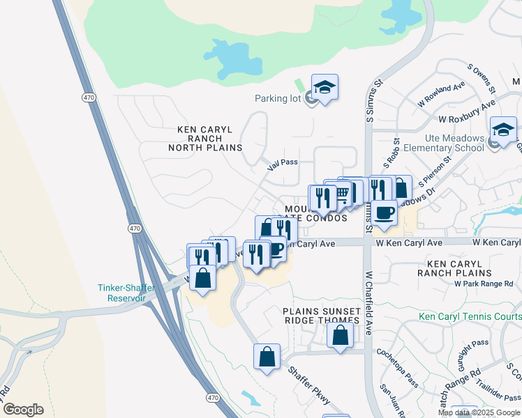 map of restaurants, bars, coffee shops, grocery stores, and more near 7369 South Alkire Street in Littleton