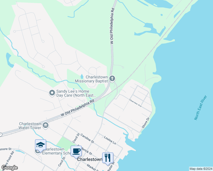 map of restaurants, bars, coffee shops, grocery stores, and more near 1185 West Old Philadelphia Road in North East