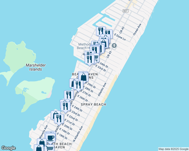 map of restaurants, bars, coffee shops, grocery stores, and more near 1 East 30th Street in Long Beach