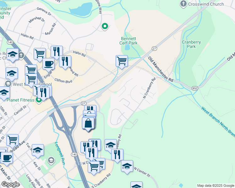 map of restaurants, bars, coffee shops, grocery stores, and more near 311 Goldenrod Court in Westminster