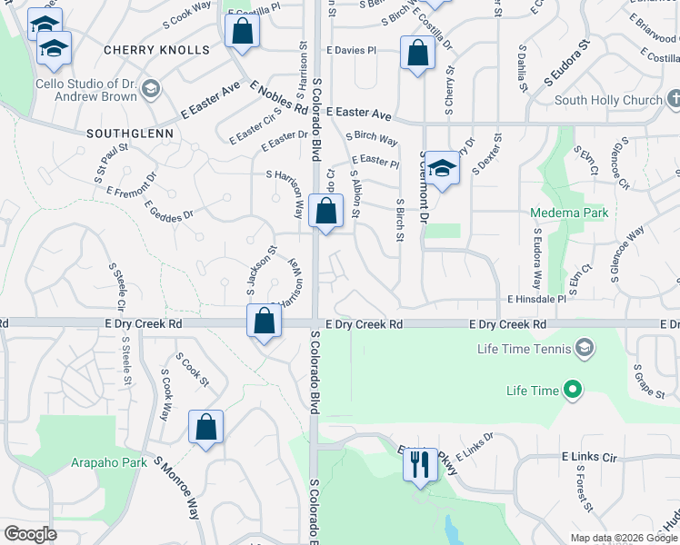 map of restaurants, bars, coffee shops, grocery stores, and more near 4123 East Hinsdale Circle in Centennial
