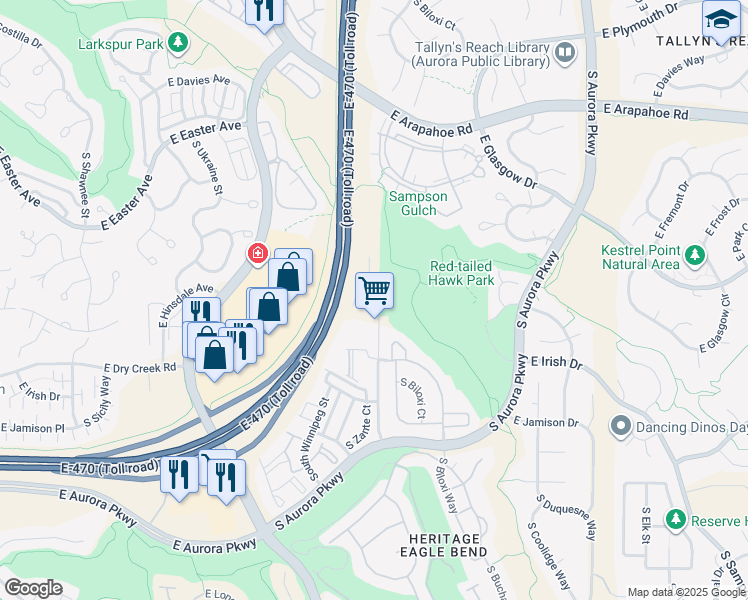 map of restaurants, bars, coffee shops, grocery stores, and more near 7400 South Addison Court in Aurora