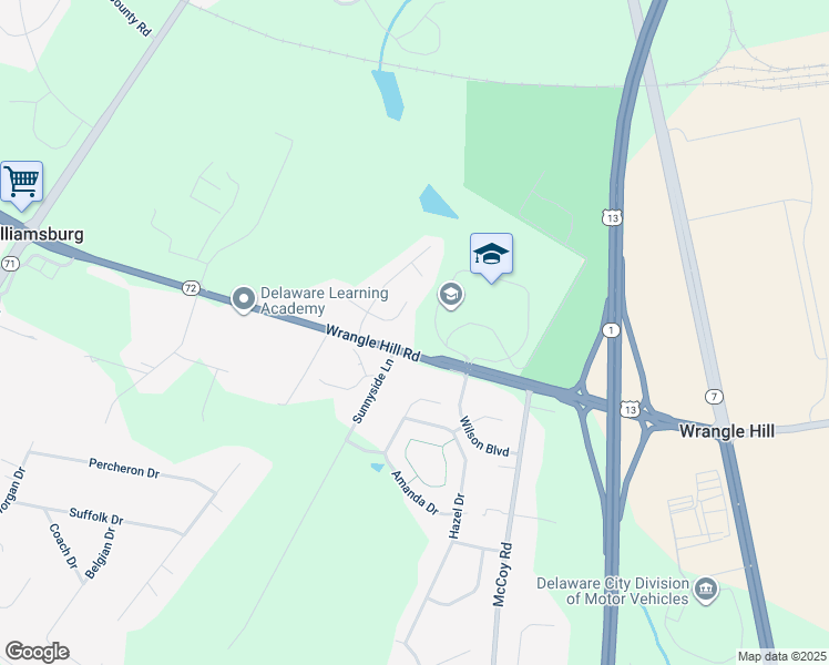 map of restaurants, bars, coffee shops, grocery stores, and more near 3990 Wrangle Hill Road in Bear