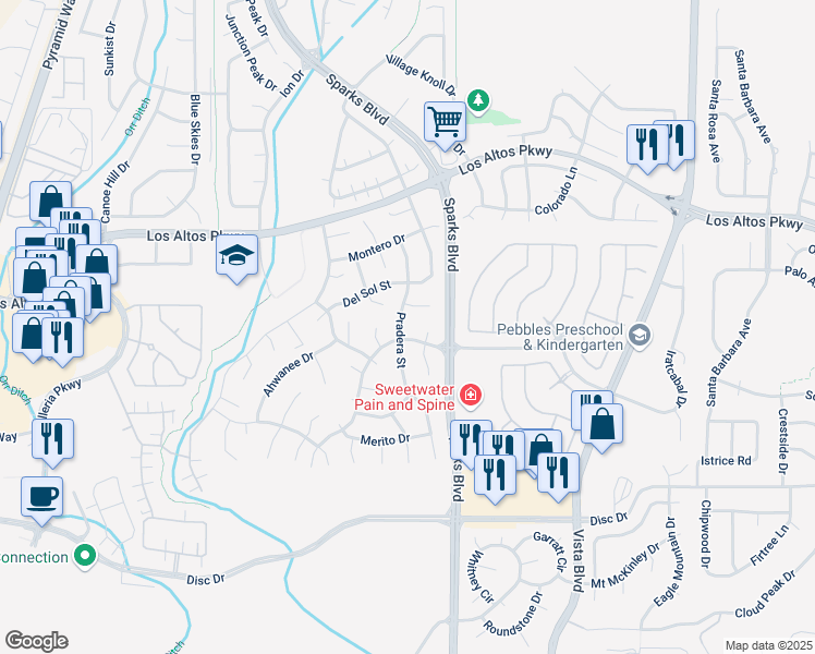 map of restaurants, bars, coffee shops, grocery stores, and more near 4911 Mesa Meadows Court in Sparks
