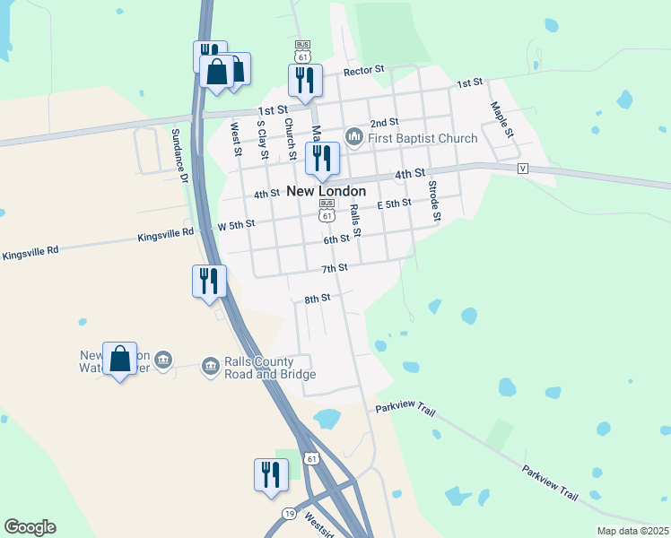 map of restaurants, bars, coffee shops, grocery stores, and more near 1101 Main Street in New London