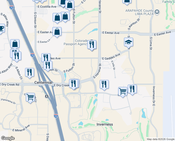map of restaurants, bars, coffee shops, grocery stores, and more near 10303 East Dry Creek Road in Englewood