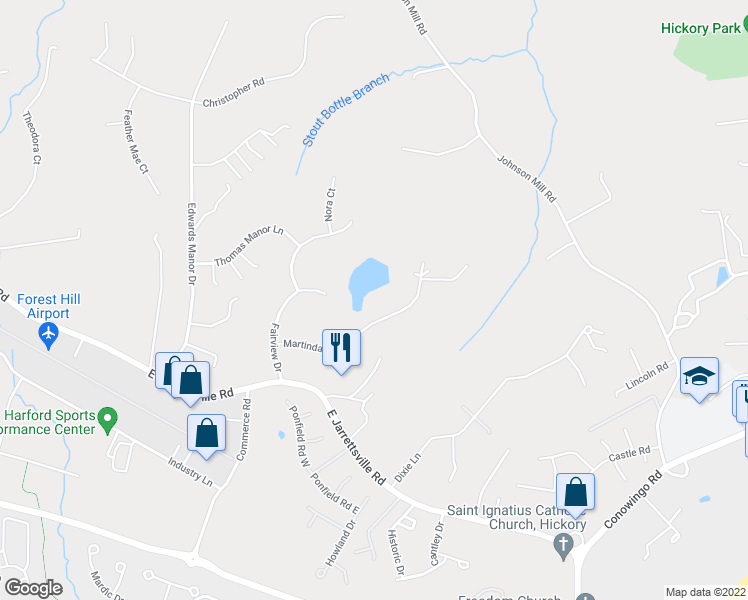 map of restaurants, bars, coffee shops, grocery stores, and more near 320 Martindale Lane in Forest Hill
