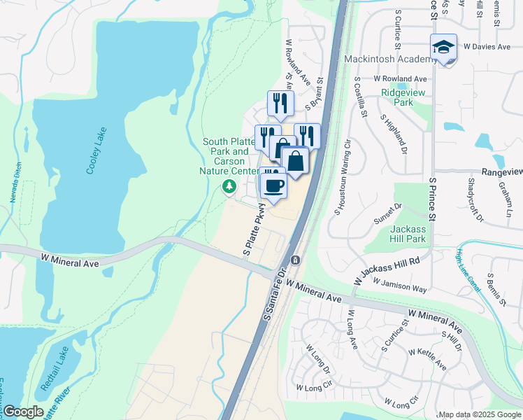 map of restaurants, bars, coffee shops, grocery stores, and more near 7319 South Platte River Parkway in Littleton