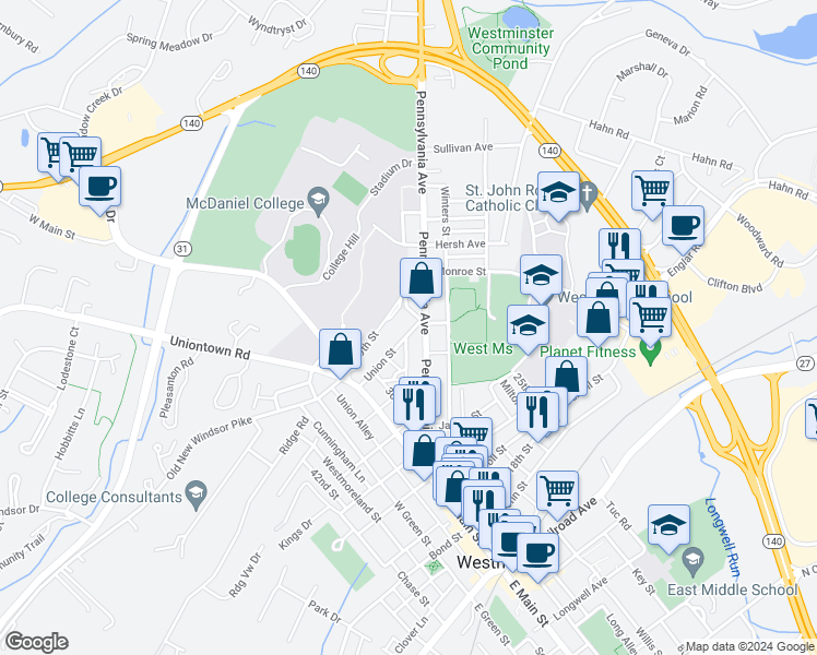 map of restaurants, bars, coffee shops, grocery stores, and more near 51 Union Street in Westminster