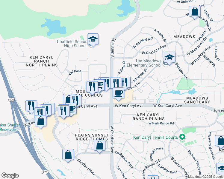 map of restaurants, bars, coffee shops, grocery stores, and more near 14666 West Meadows Drive in Littleton