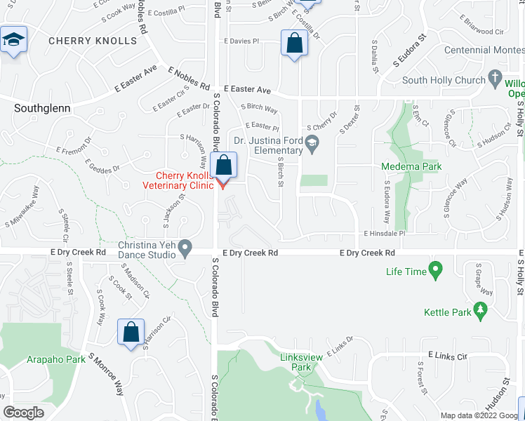 map of restaurants, bars, coffee shops, grocery stores, and more near 7437 South Albion Street in Centennial