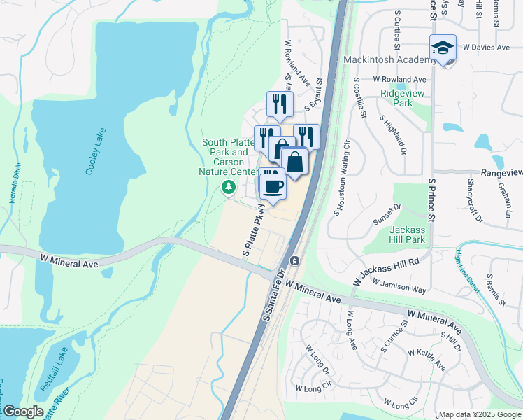 map of restaurants, bars, coffee shops, grocery stores, and more near 7338 South Platte River Parkway in Littleton
