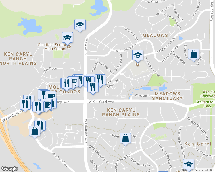 map of restaurants, bars, coffee shops, grocery stores, and more near 7473 South Quail Circle in Littleton