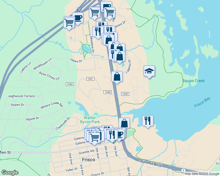 map of restaurants, bars, coffee shops, grocery stores, and more near 41 County Road 1040 in Breckenridge
