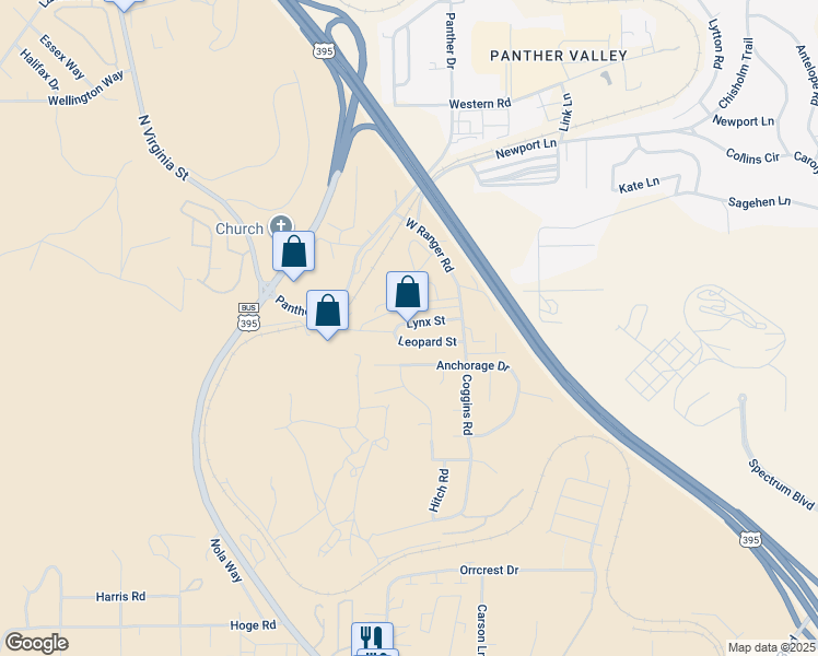 map of restaurants, bars, coffee shops, grocery stores, and more near 1308 Leopard Street in Reno
