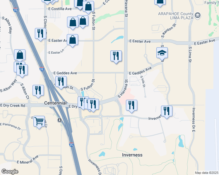 map of restaurants, bars, coffee shops, grocery stores, and more near 10303 East Dry Creek Road in Englewood