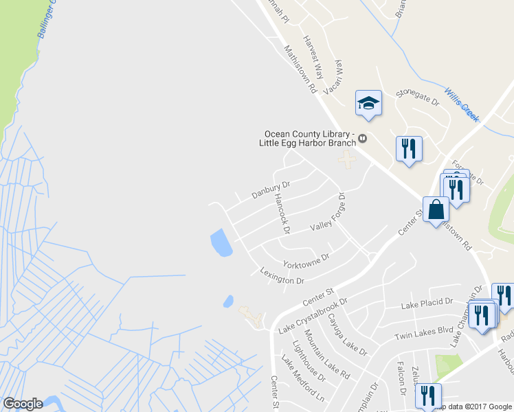 map of restaurants, bars, coffee shops, grocery stores, and more near 214 Mohican Lane in Little Egg Harbor Township