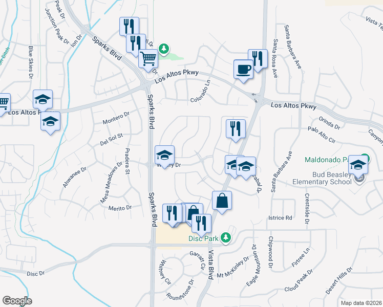 map of restaurants, bars, coffee shops, grocery stores, and more near 4971 Domaine Drive in Sparks