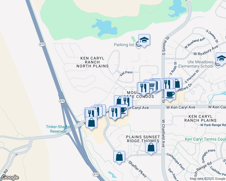 map of restaurants, bars, coffee shops, grocery stores, and more near 7355 South Alkire Street in Littleton
