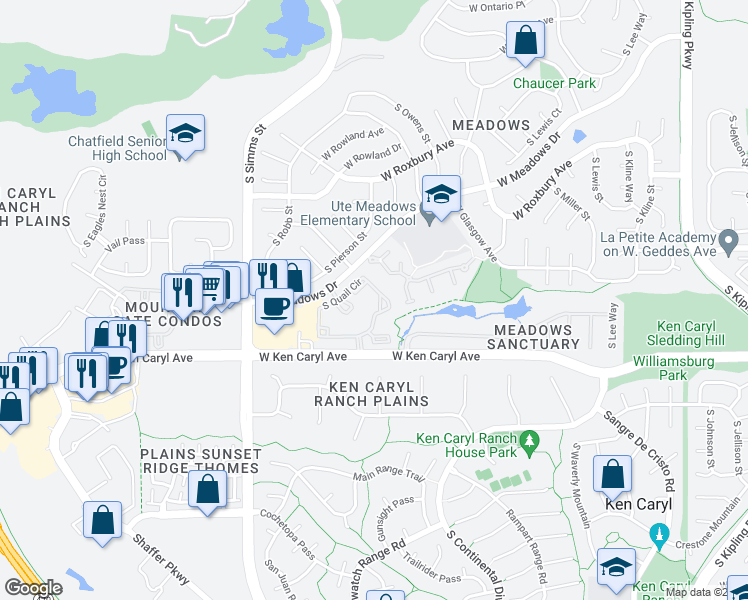 map of restaurants, bars, coffee shops, grocery stores, and more near 7423 South Quail Circle in Littleton