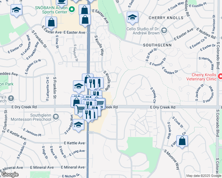 map of restaurants, bars, coffee shops, grocery stores, and more near 7390 South Knolls Way in Centennial